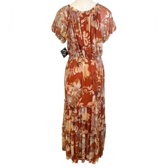 Kate & Lily maxi dress 12Ptan/copper floral smocked waist stretch spring - Picture 4 of 6